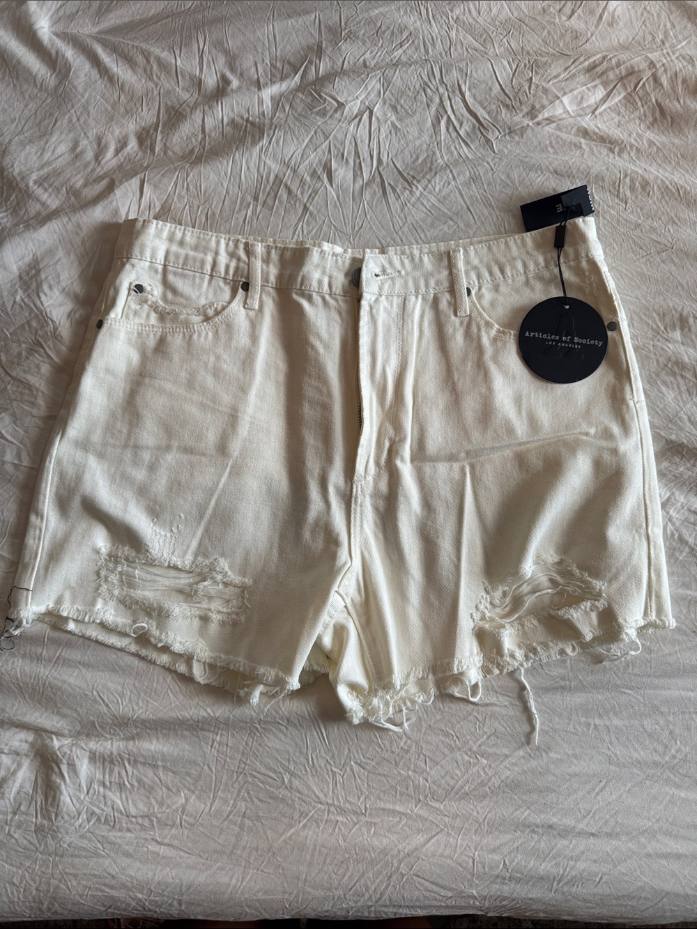 Articles Of Society Cream Distressed Denim Cutoff Shorts